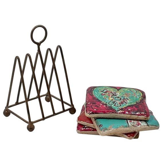 Handcrafted Coaster Set Whimsical 4"x4" Emily Little - Little e Studio W Holder - Picture 4 of 14